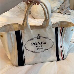 Authentic Prada Cream and Black Canvas Tote Fair/Good